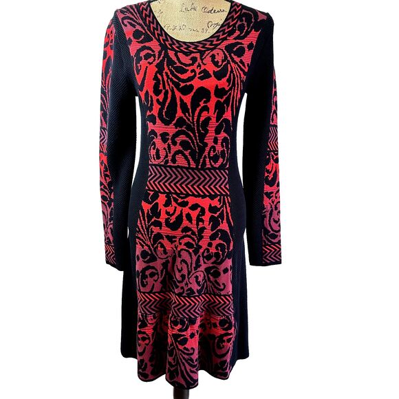TUZZI Women's Knit Dress SZ 8 Red & Black Paisley Knee Length with Flounce - Picture 1 of 16